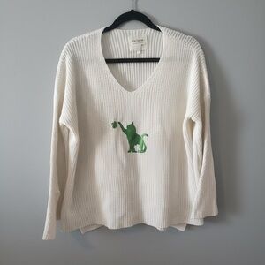 One-of-a-Kind Upcycled Cotton On V-Neck Sweater | White Green Lucky Cat small